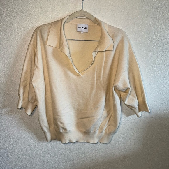 FRNCH Cream Short Sleeve Soft Polo V-Neck Sweater Size Large - Picture 2 of 8
